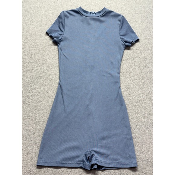 Unbranded Pants - Ribbed Mock Neck Short Sleeve Romper Dusty Blue XS Athleisure Bodycon Jumpsuit